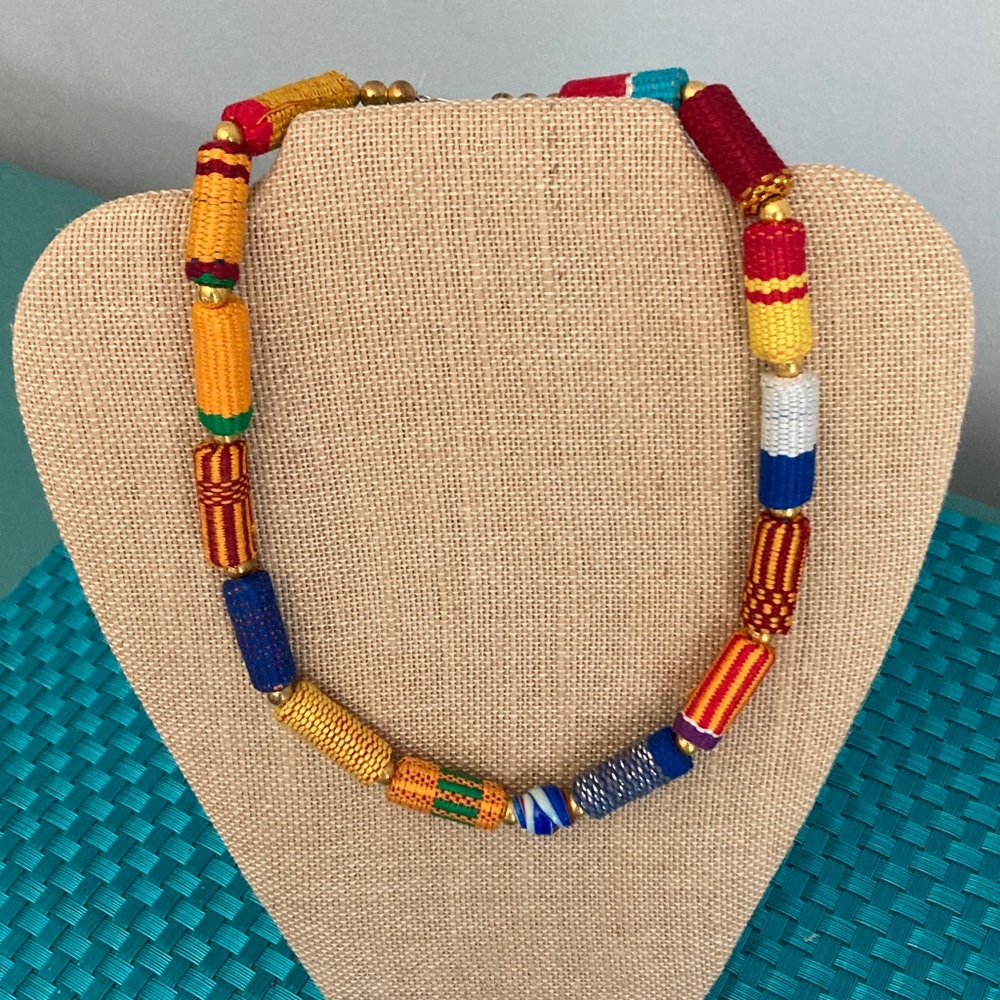 Tribal Cloth Wrapped Beaded Necklace from Ghana  NWOT